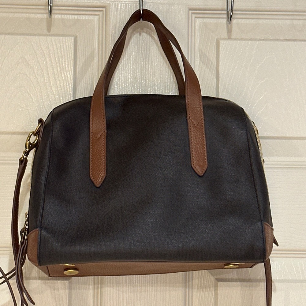 Fossil Sydney Satchel Black Brown Leather Trim Crossbody Bag